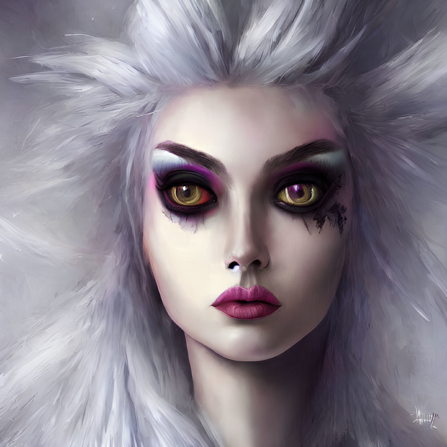 Portrait of a person with large yellow eyes, purple eyeshadow, red lips, and white fluffy