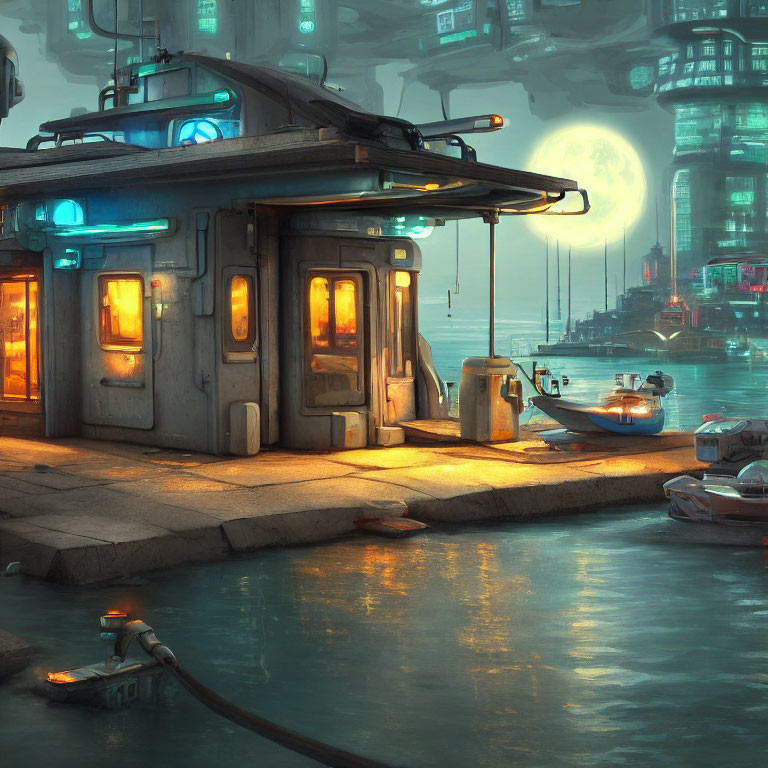 Futuristic cityscape with neon-lit dock, boat, and moonlit skyline