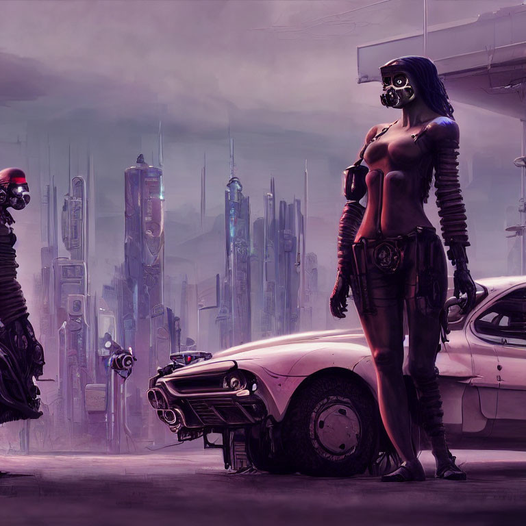 Futuristic cityscape with neon hues, cyberpunk woman, classic car, and robotic figure