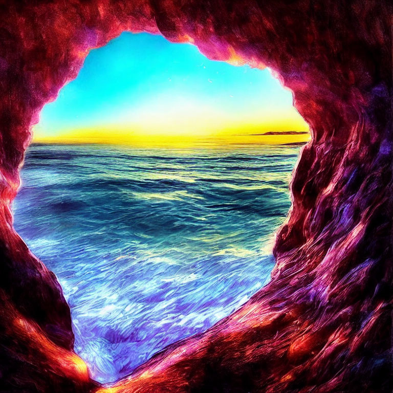 Colorful cave scene with ocean sunset and purple water.