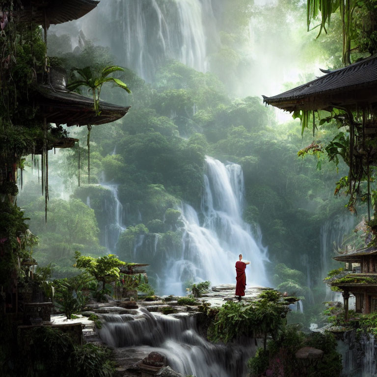 Person in red overlooking majestic waterfall and traditional buildings on cliff