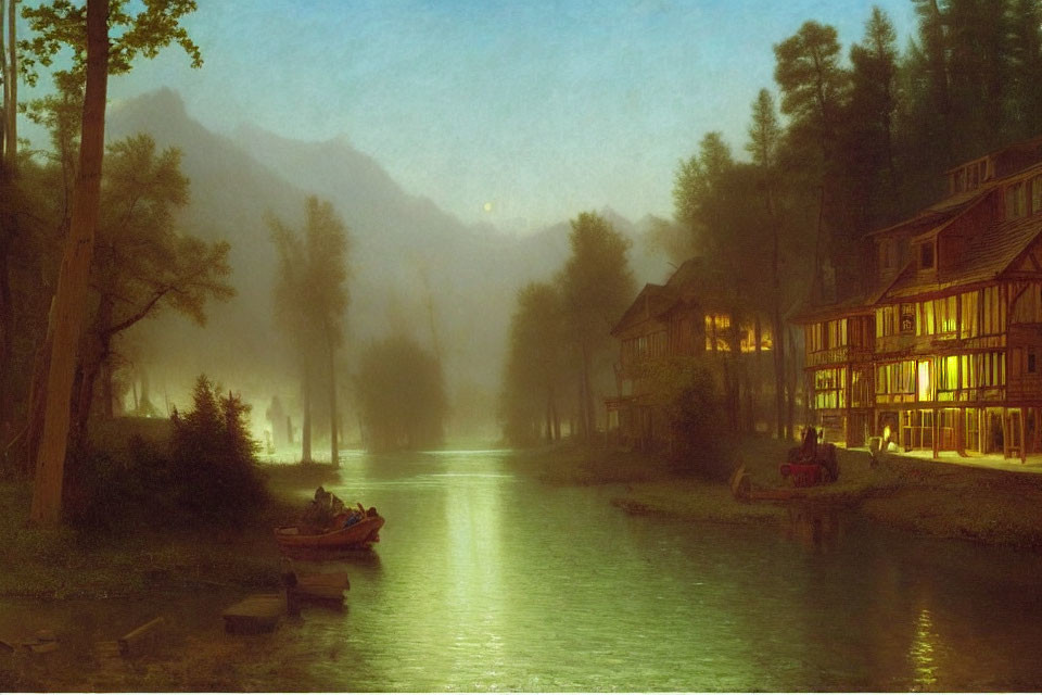 Moonlit river scene with rowboat, illuminated houses, and misty mountains.