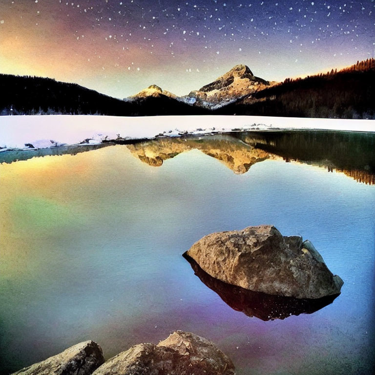 Tranquil twilight landscape of lake, mountains, forest, and rocks