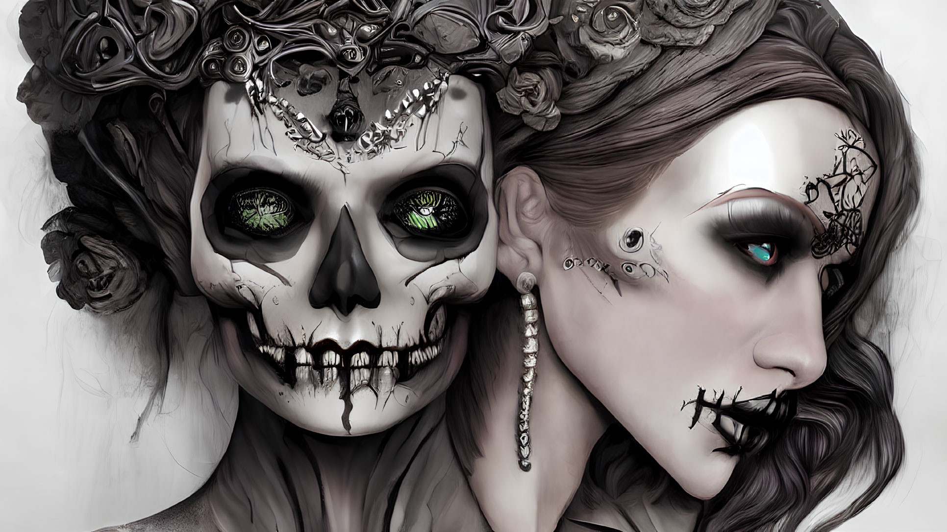 Detailed skull and human faces with intricate designs and makeup in haunting gaze