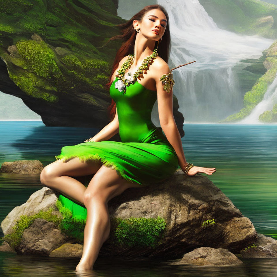 Woman in Green Dress by Waterfall Amid Lush Greenery