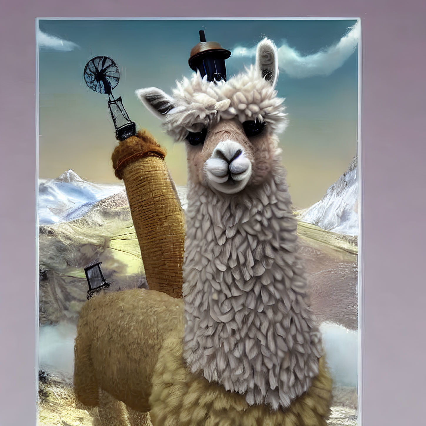 Whimsical llama illustration with bowler hat in surreal landscape