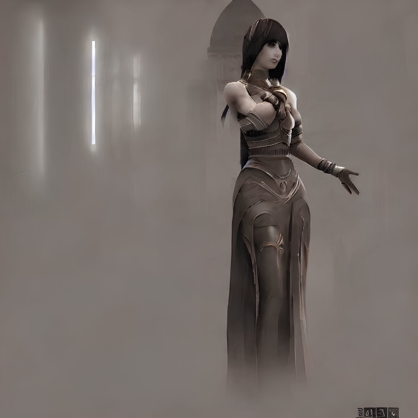 Fantasy-themed female character in misty room with vertical light sources