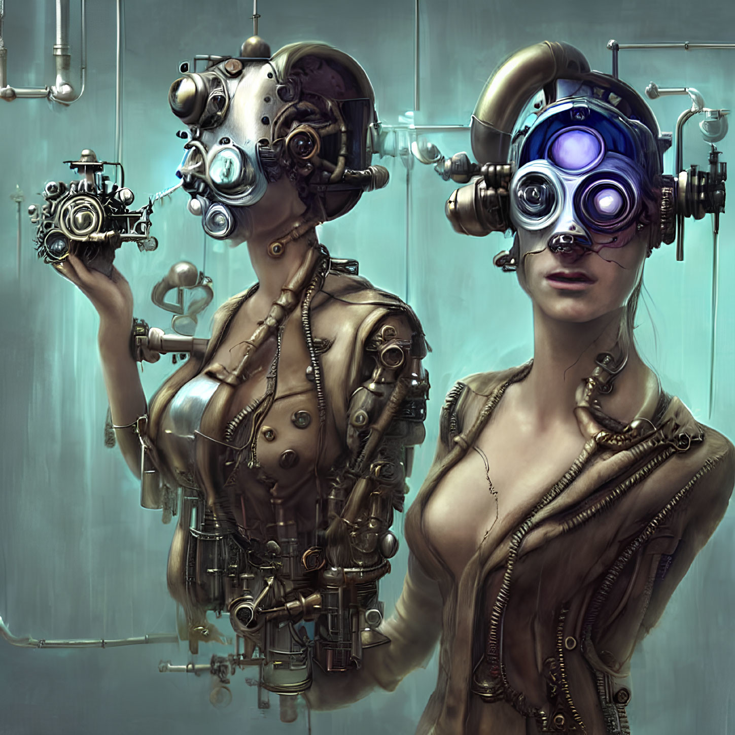 Steampunk-style figures with mechanical features in dimly lit room