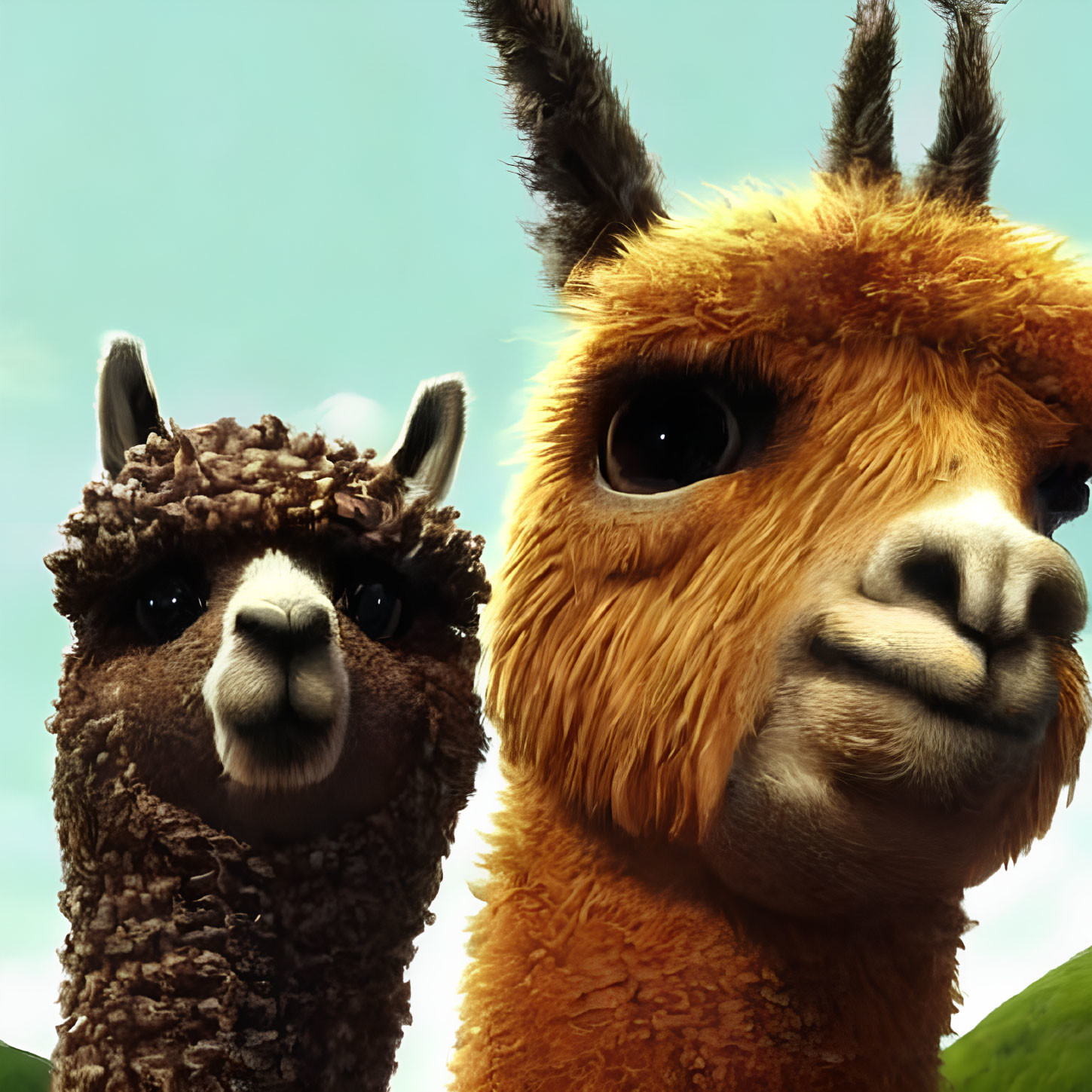 Fluffy llamas posing against clear sky