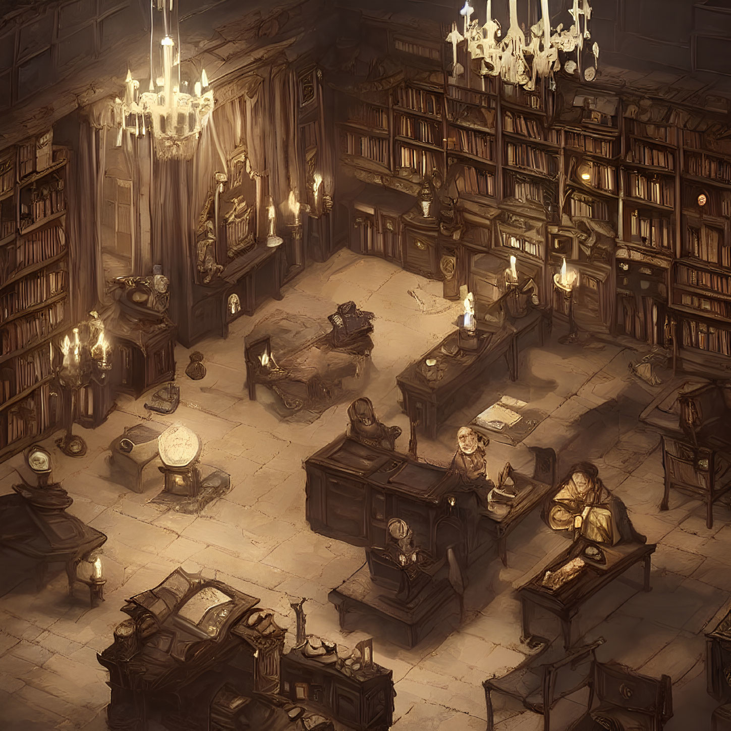 Vintage library with candlelight, bookshelves, globe, and scholars working.