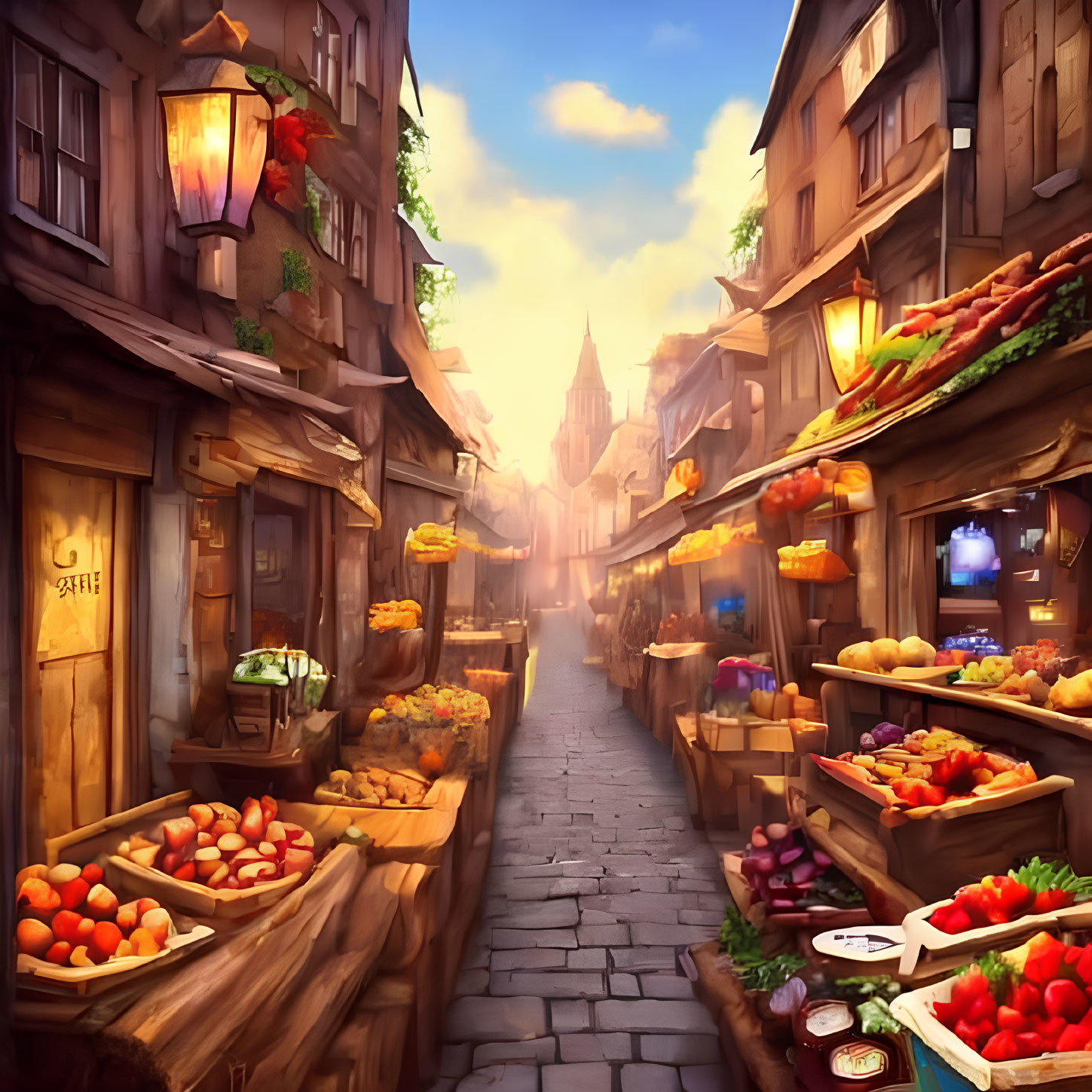 Charming cobblestone street with fruit stalls, lanterns, and quaint shops.