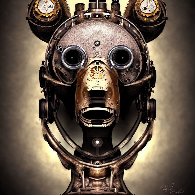 Steampunk-style robotic head with dual goggles and gas mask mouth