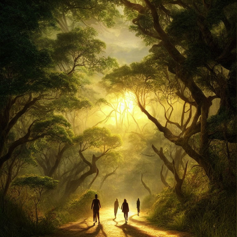 Group of People Walking Through Mystical Forest with Sun Rays