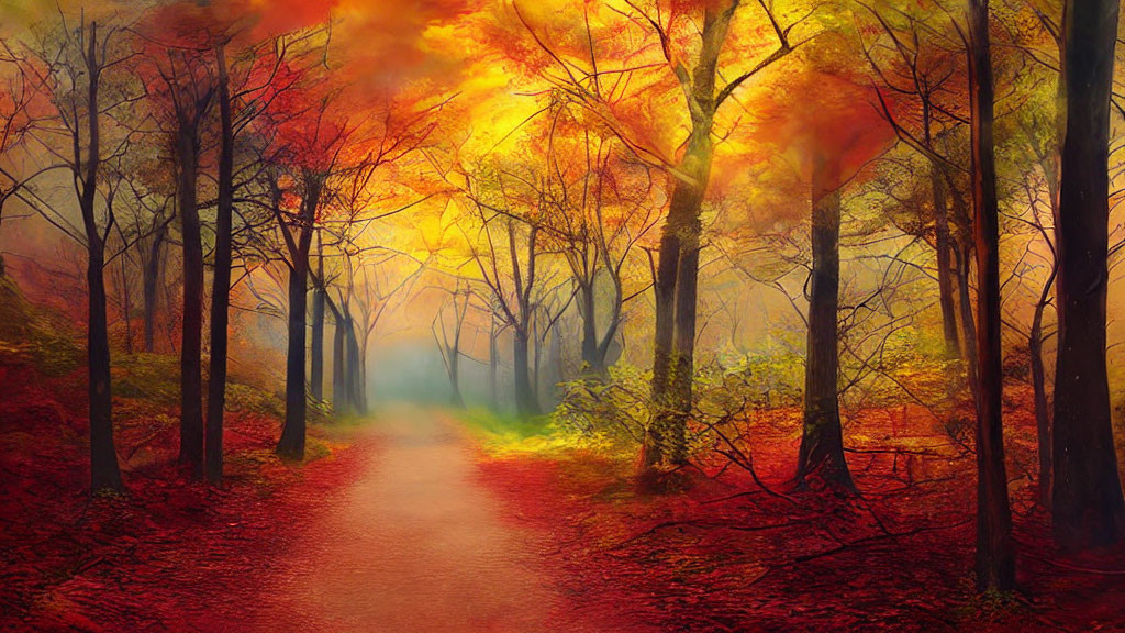 Scenic forest path with fiery autumn leaves and misty backdrop