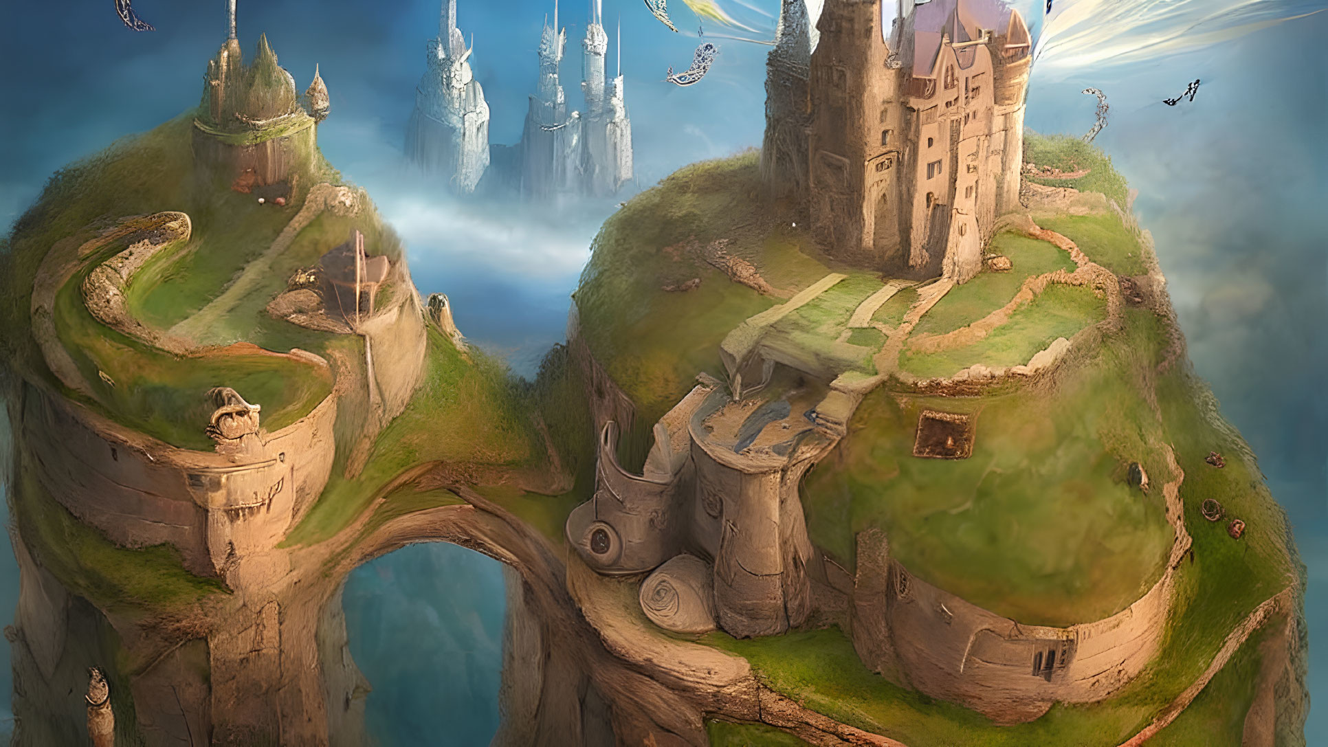 Fantasy Landscape with Flying Islands and Castles under Golden Sky