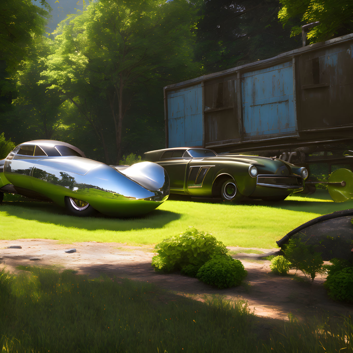 Retro-futuristic car next to classic car near rusty train carriage in forest.