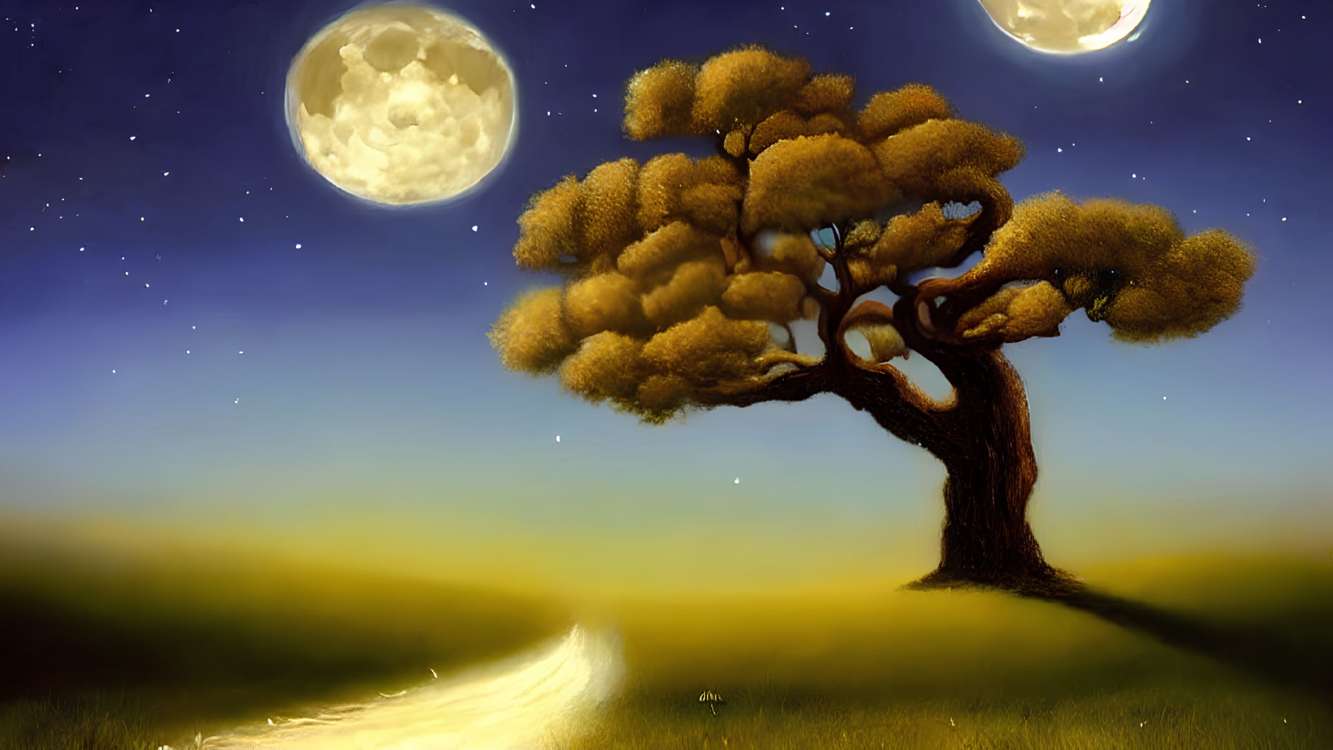 Artwork of Starry Night Sky, Two Moons, Golden Tree, and Winding Path