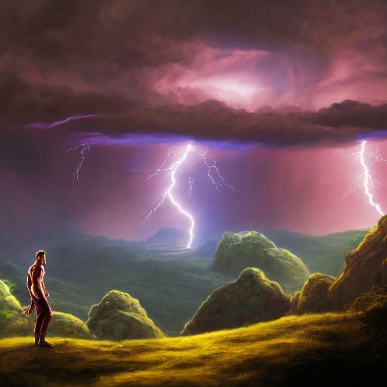 Person on grassy hill gazes at vivid storm with purple clouds and lightning in dramatic landscape