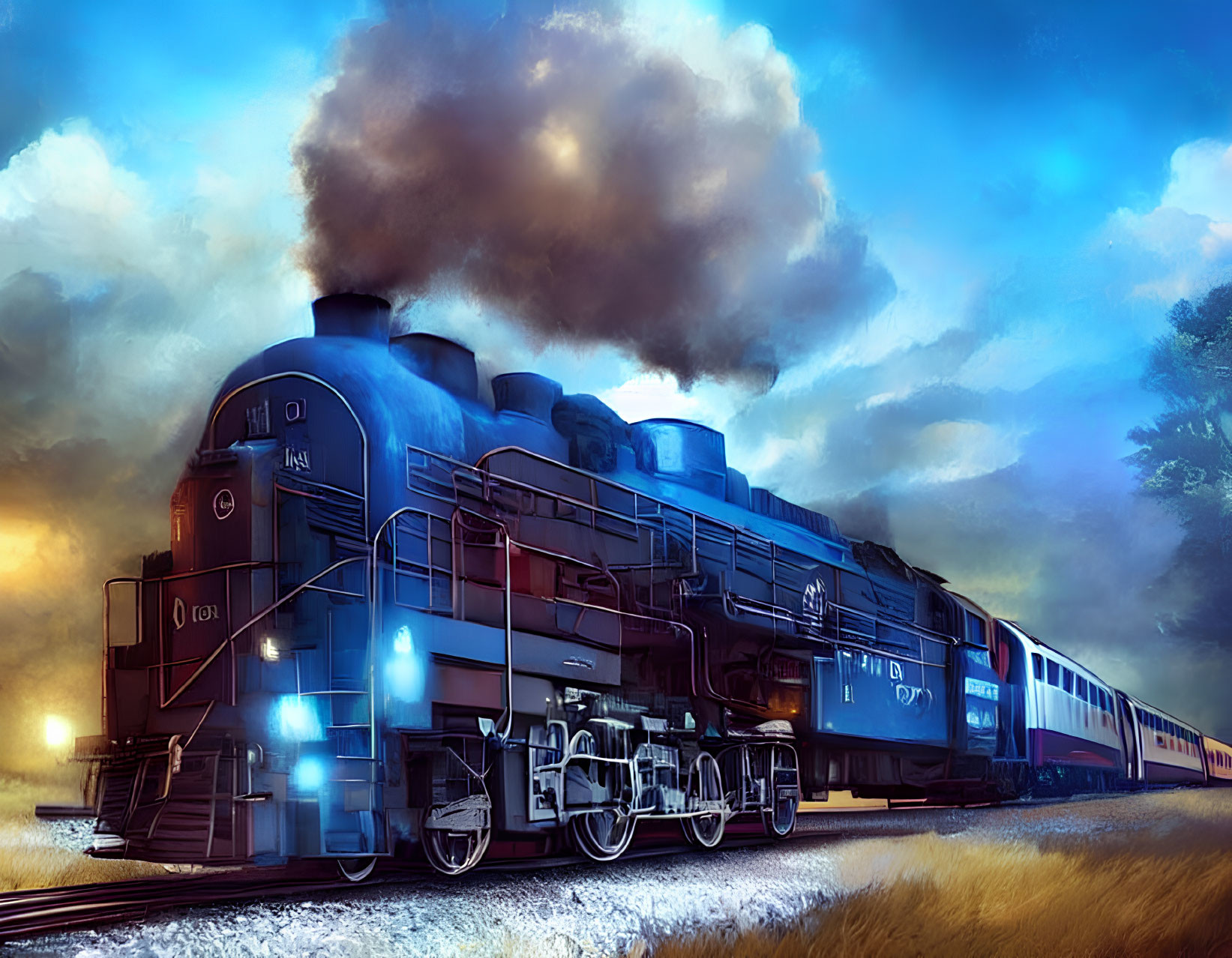 Colorful steam locomotive pulling passenger cars under dramatic sky