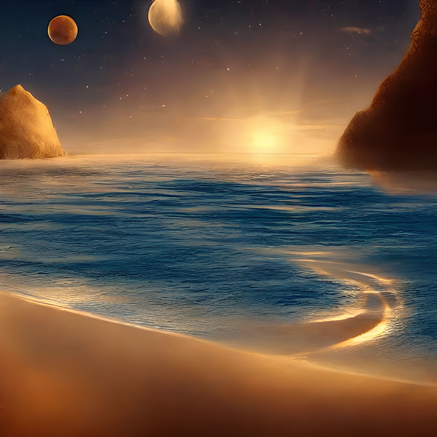 Serene beach with multiple moons and stars in otherworldly sky