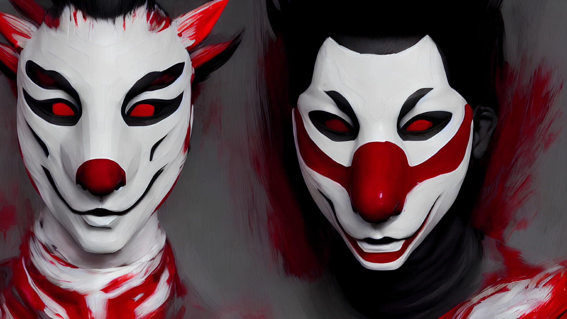 Stylized white and red fox masks and makeup on two individuals posing theatrically