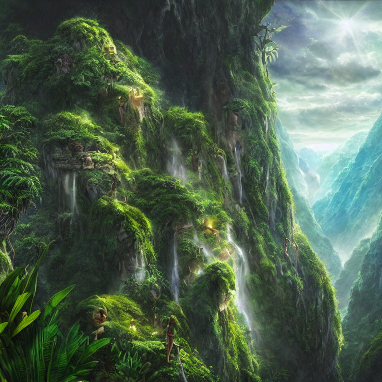 Fantasy landscape with waterfalls, cliffs, and sunlight in mist