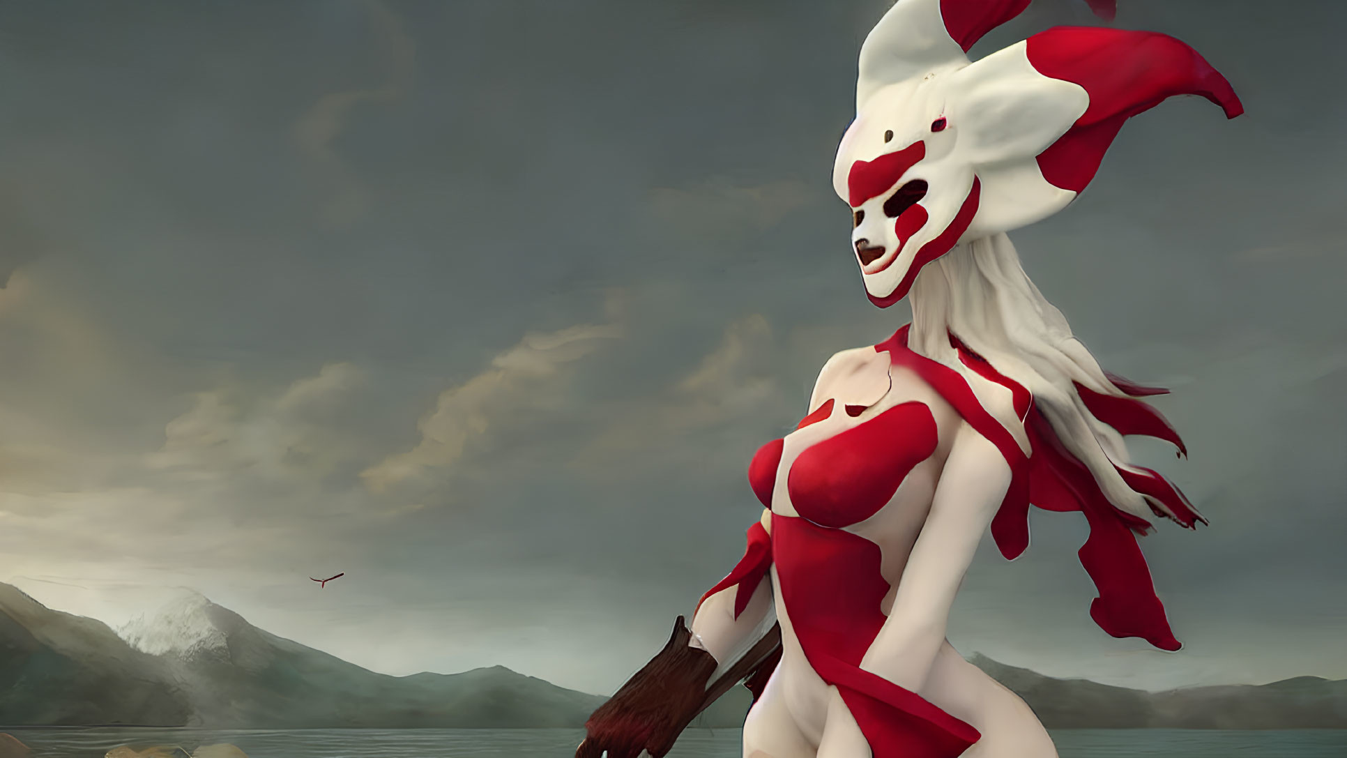 Mysterious figure in white and red mask by mountainous lakeside