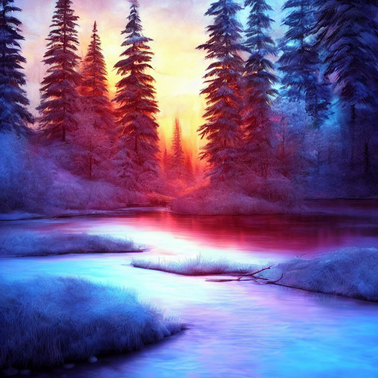 Serene snow-covered forest landscape at sunrise