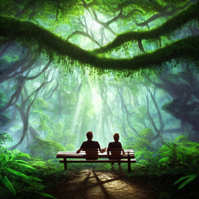 Two Individuals Relaxing on Bench in Green Forest with Sunbeams