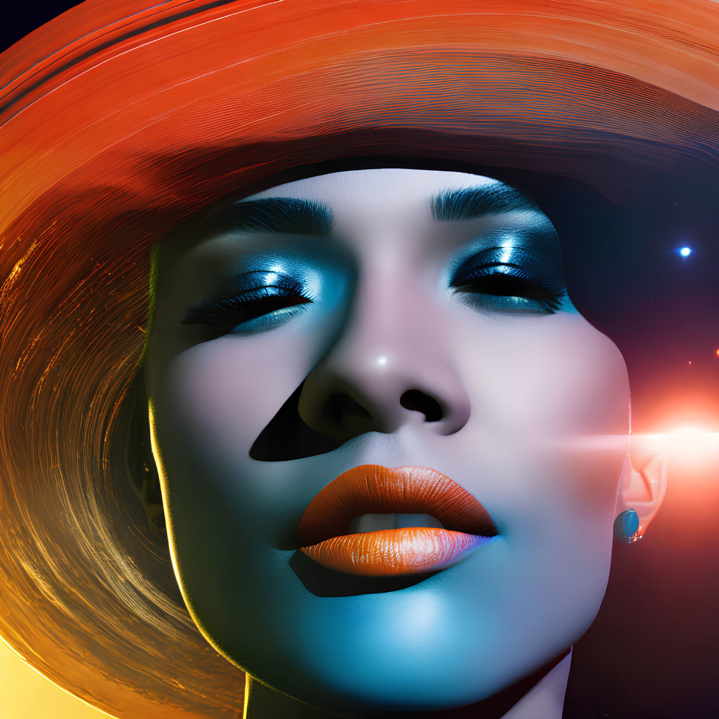 Stylized portrait of woman with vibrant makeup and wide-brimmed hat against cosmic background