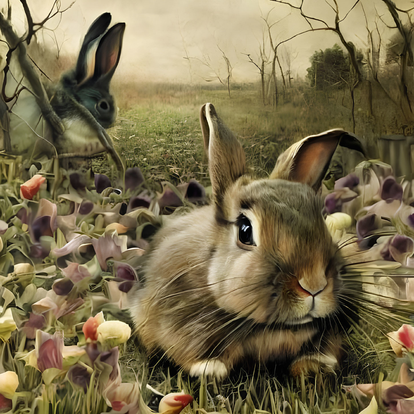 Brown Rabbit Surrounded by Purple Flowers in Dreamy Field