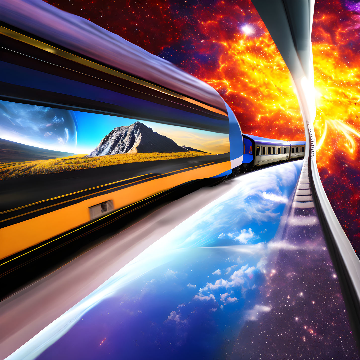 Futuristic train emerging from cosmic portal into starry space vista