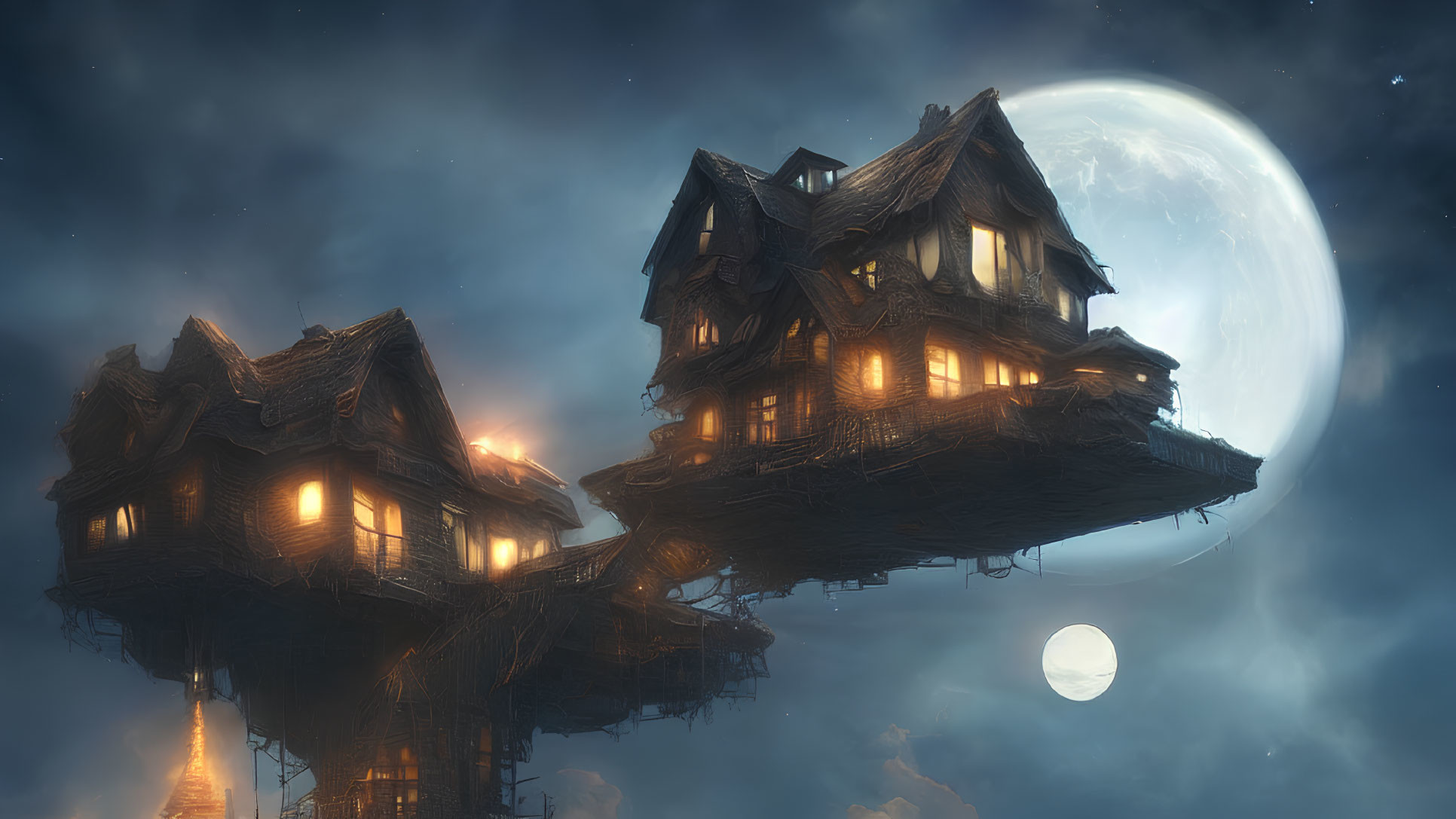 Floating house with glowing windows under moonlit sky on craggy rocks