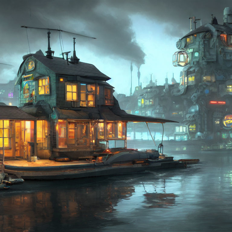 Futuristic waterfront night scene with lit-up building and moored boats