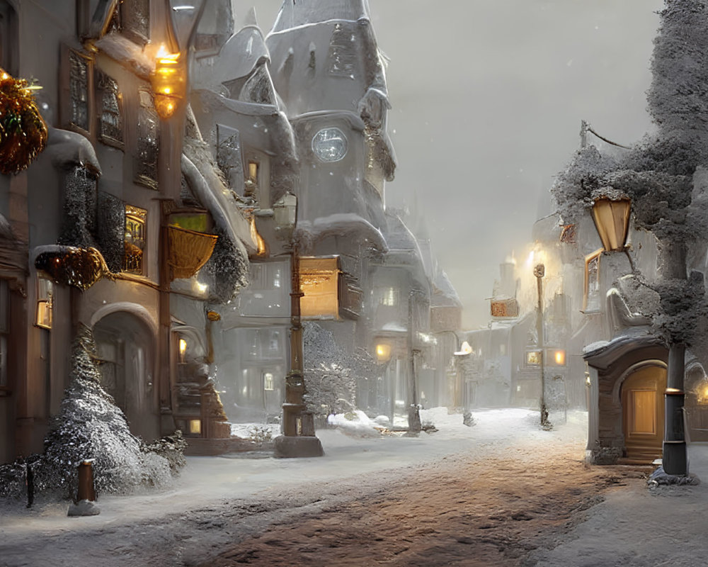 Snow-covered streets in enchanting winter night scene