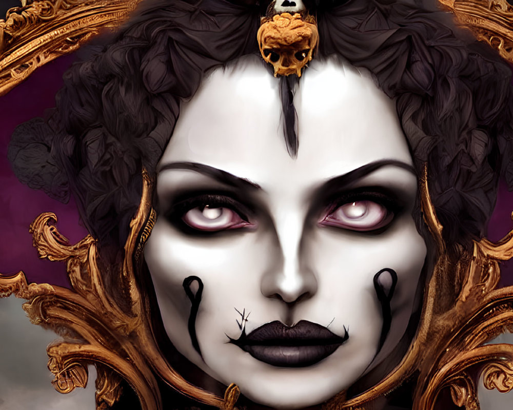 Person with Dramatic Gothic Makeup in Baroque Frame with Skull Detail