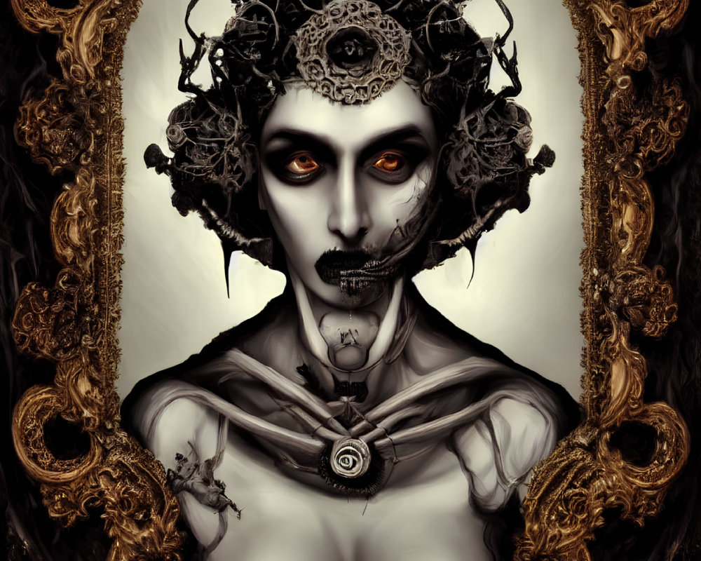 Symmetrical portrait of pale undead creature with ornate crown and golden mirrors