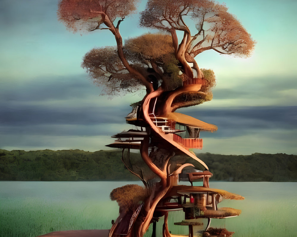 Whimsical multi-level treehouse by serene lake at dusk