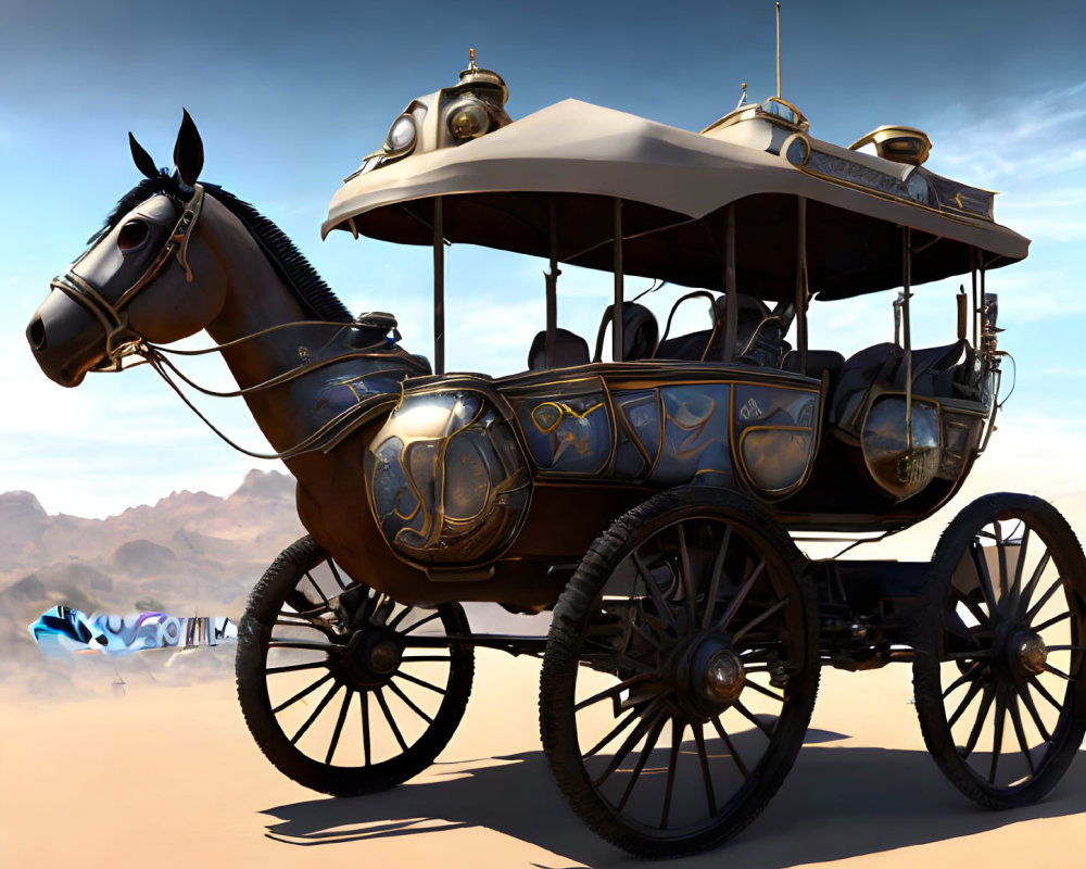 Steampunk-style horse-drawn carriage with metallic horse in desert landscape