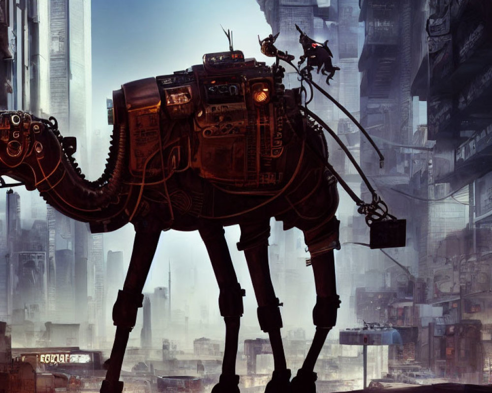 Futuristic cityscape with camel-like robot carrying cargo and rider.