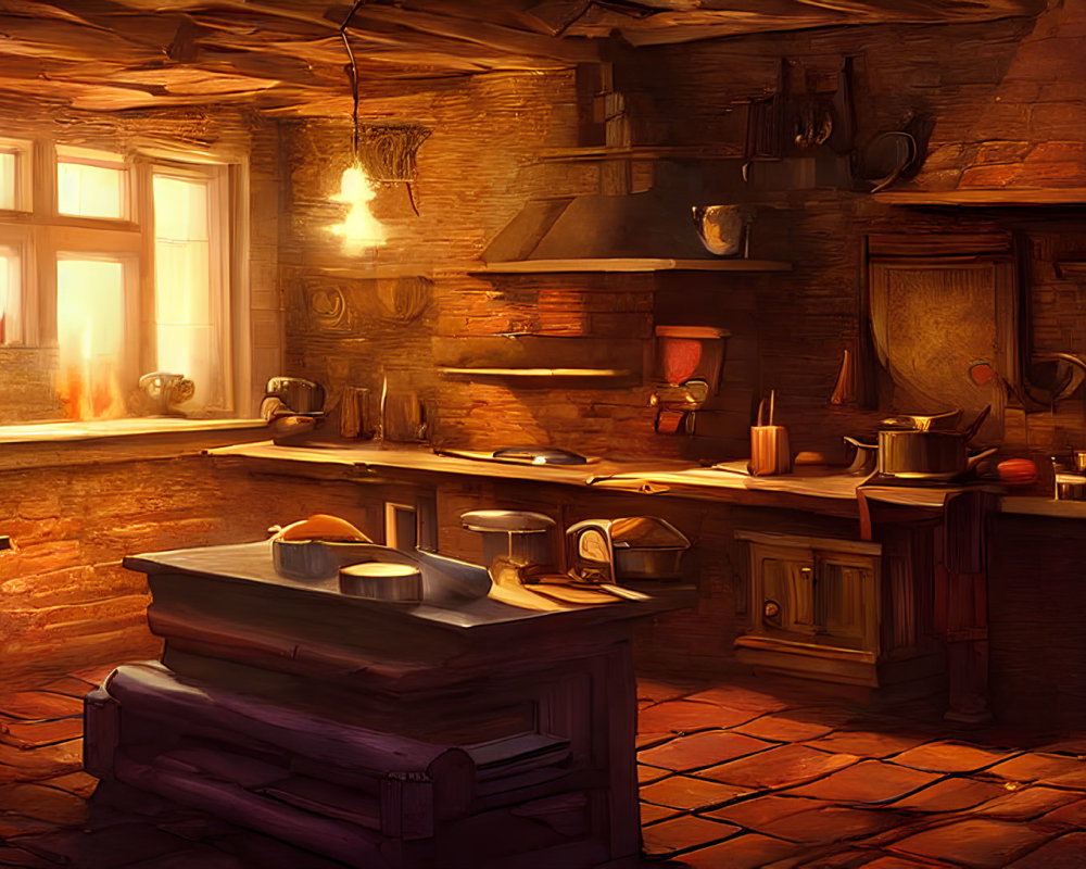 Cozy Rustic Kitchen with Sunlit Window and Fireplace