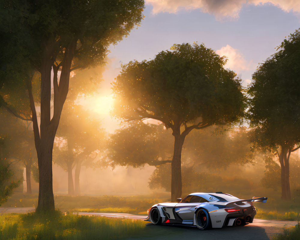 Sports Car Parked on Forest Road at Sunset with Sunbeams and Mist