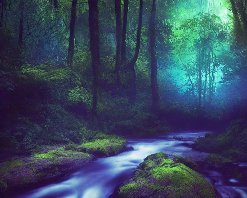 Mystical blue-tinted forest with gentle stream and moss-covered rocks