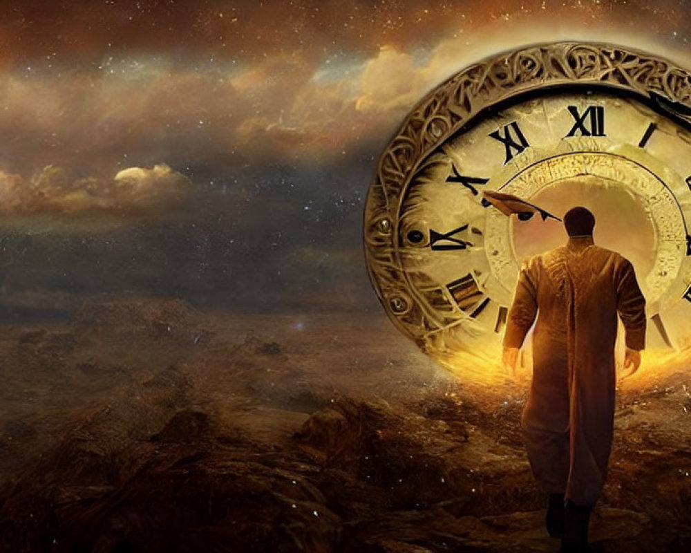 Person in coat points at XII on giant clock face in cosmic landscape