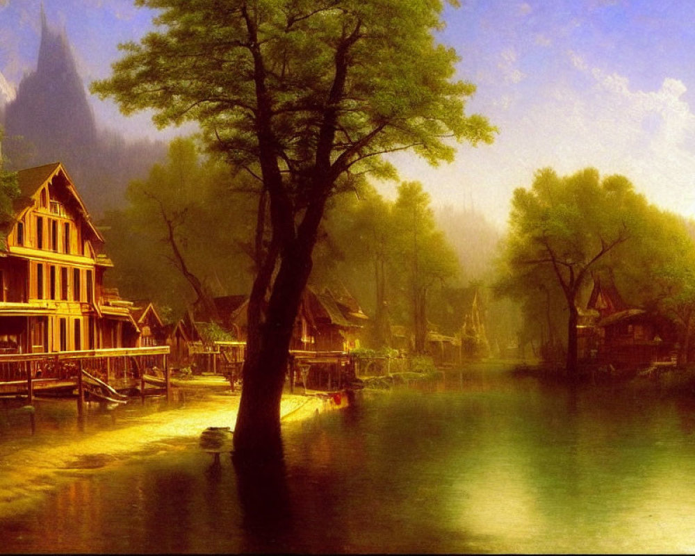 Tranquil river scene with houses on stilts and golden morning light