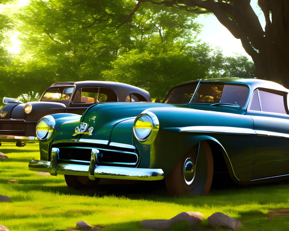 Classic Cars Parked in Forest Clearing Among Trees