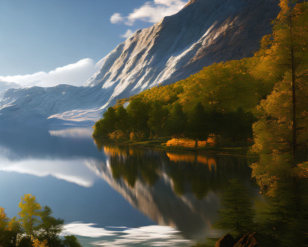 Serene Lake with Autumn Trees and Mountain Scene