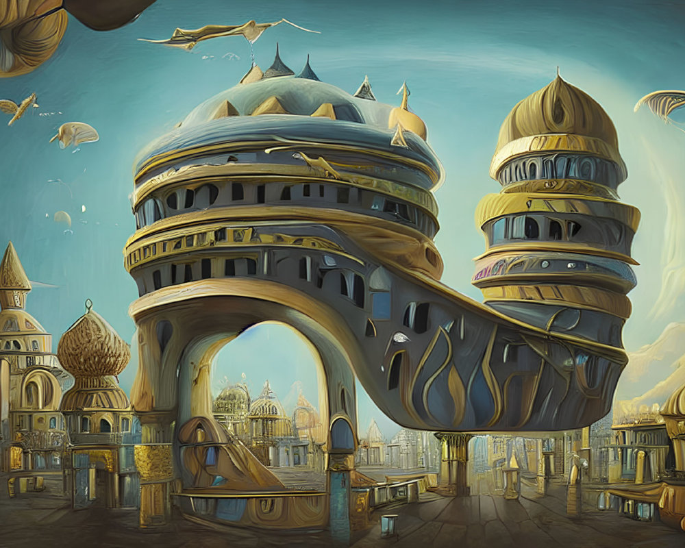 Curvaceous Cityscape with Gravity-Defying Structures and Onion Domes