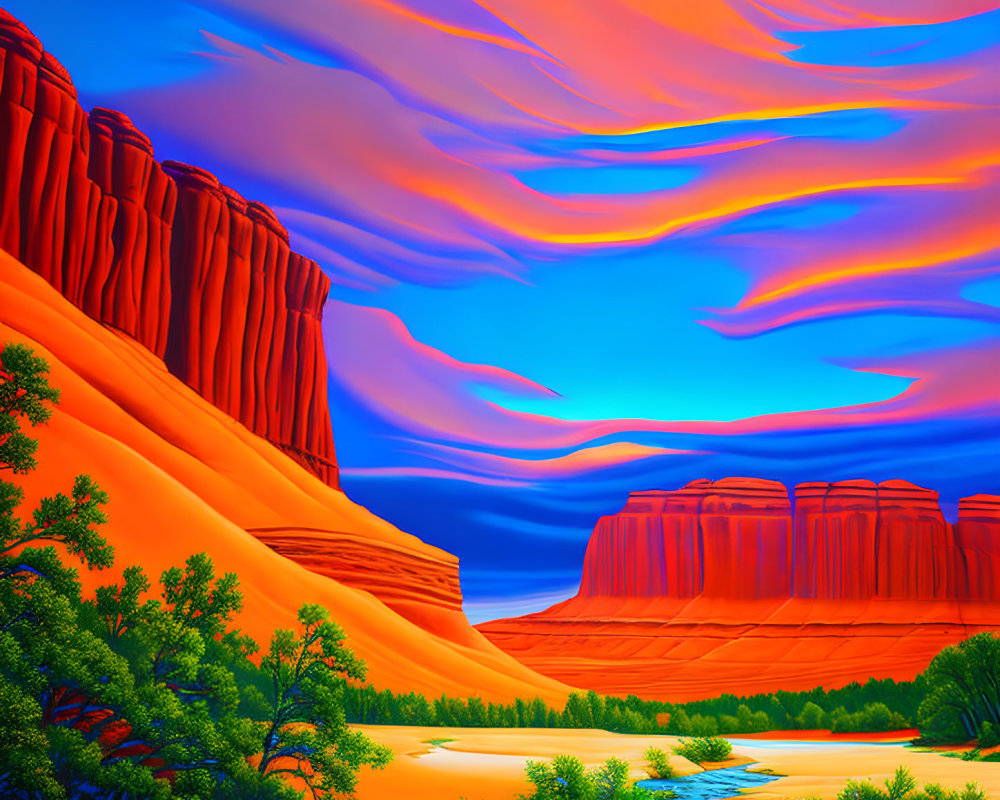 Colorful desert landscape with river, foliage, and cliffs under vibrant sky