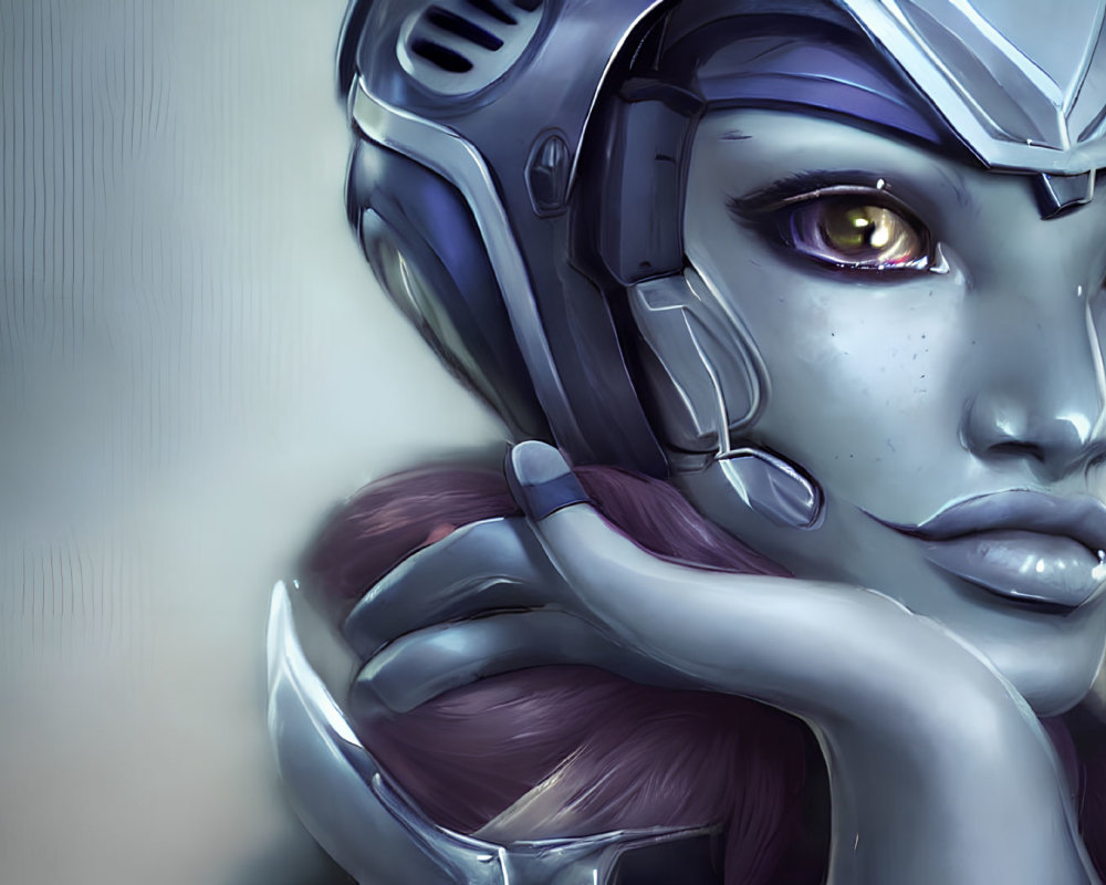 Purple-skinned humanoid with futuristic helmet and glowing eyes in digital art.